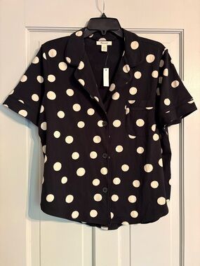 NEW Madewell L Polka Dot Short Sleeve Pajama Shirt Black/White